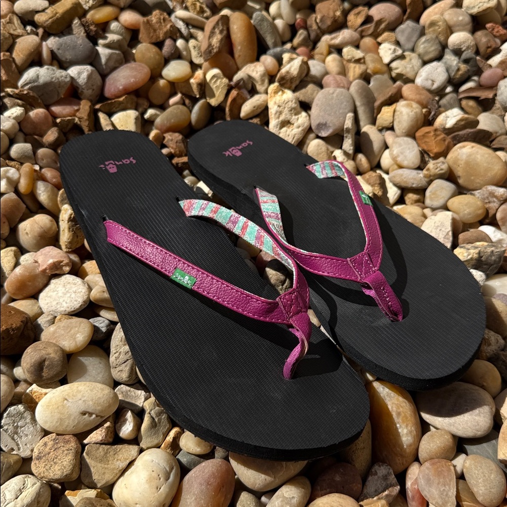 Sanuk Vibrant Pink Black Flip Flop Sandals Foam Cushion Women's Size 5 6